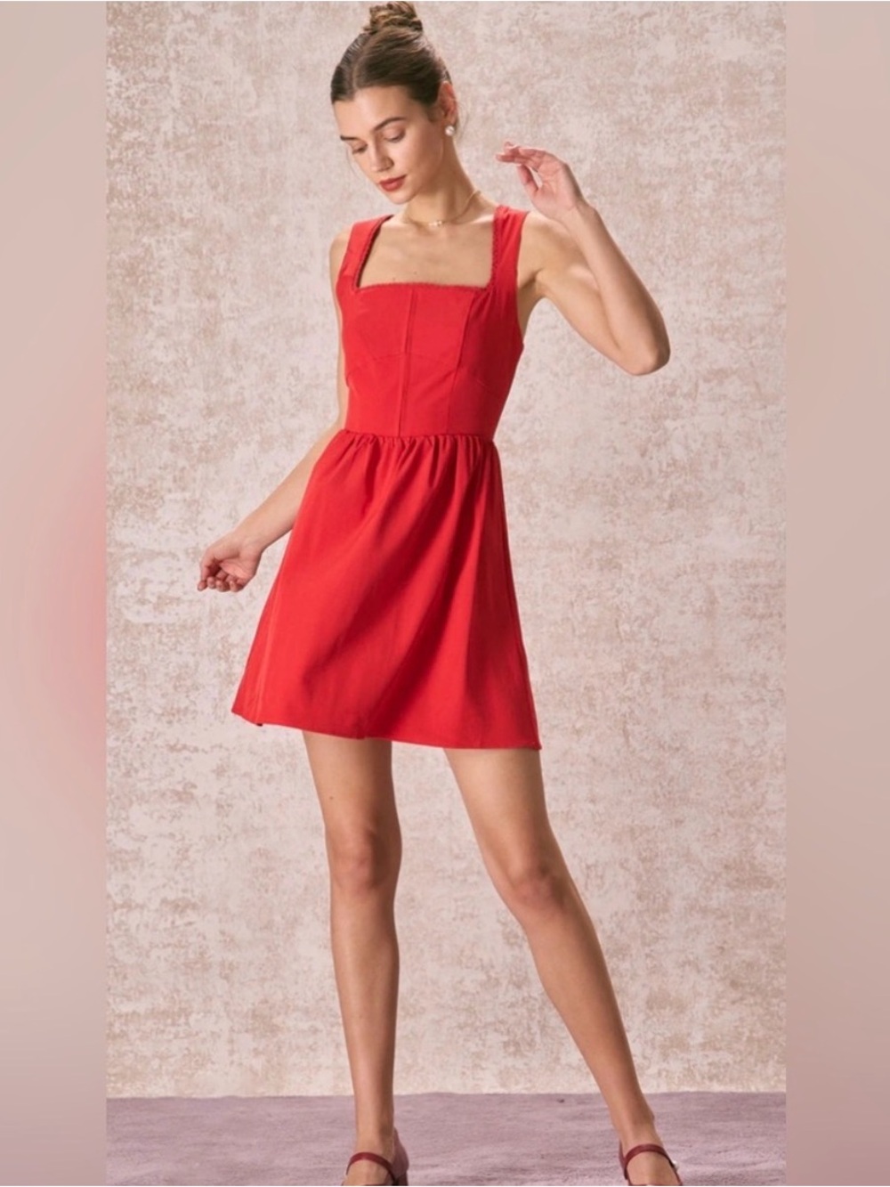 Rihoas Red Square-Neck Lace Trim Sleeveless Mini Dress